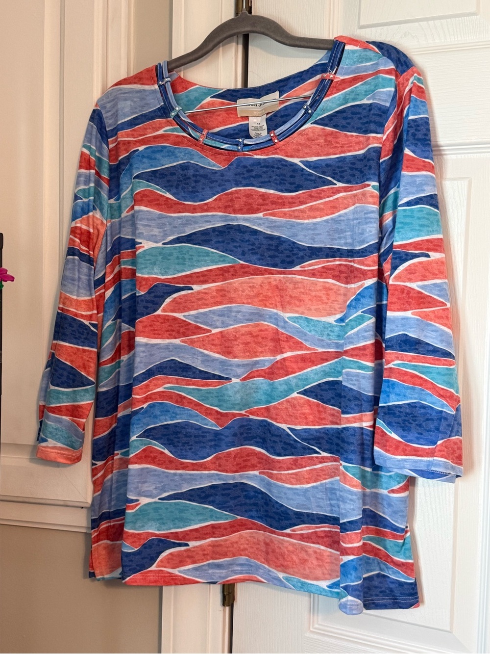 Alfred Dunner Multicolor Wave-Print Mid Length Sleeve Top
